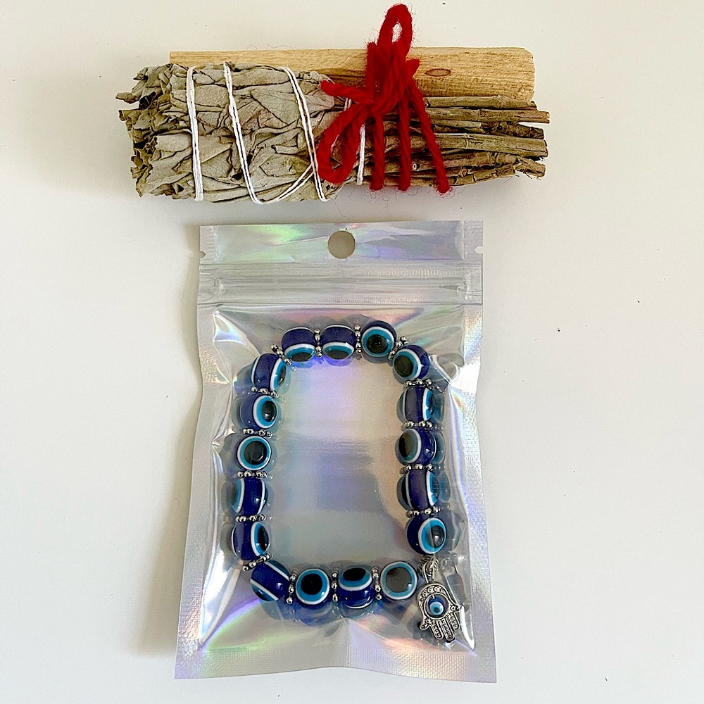 SAGE , PALO SANTO , EVIL EYE BRACELET , RED STRING COMPLETE PROTECTION SET NEW